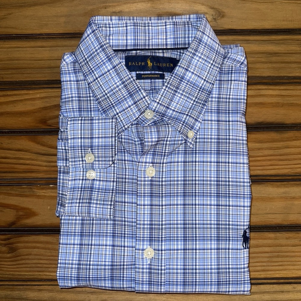 Ralph Lauren Performance Shirt Mens Size Large Blue Long Sleeve Checkered Golf